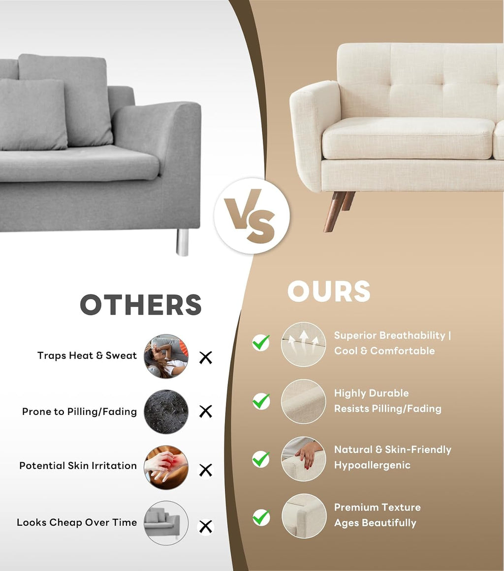 Tbfit 77.2' W Linen Sofa Couch, Mid Century Modern Decor Loveseat Couches for Living Room, Button Tufted Upholstered Small Couch for Bedroom, Solid, and Easy to Install Love Seats Furniture, Beige