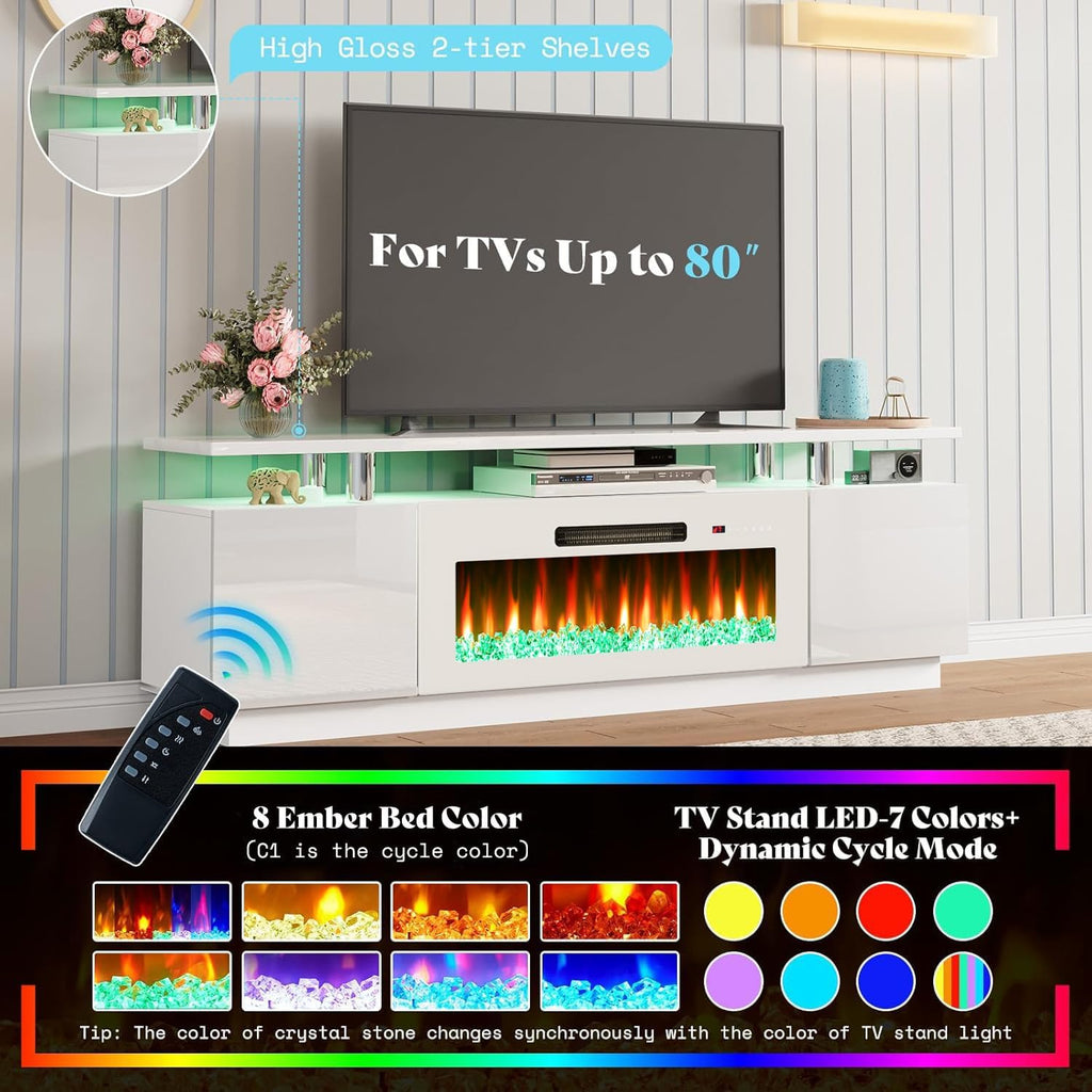 AMERLIFE Fireplace TV Stand with 36' Fireplace, 70' Modern Fireplace Entertainment Center LED Lights, 2 Tier TV Console Cabinet for TVs Up to 80', White & White