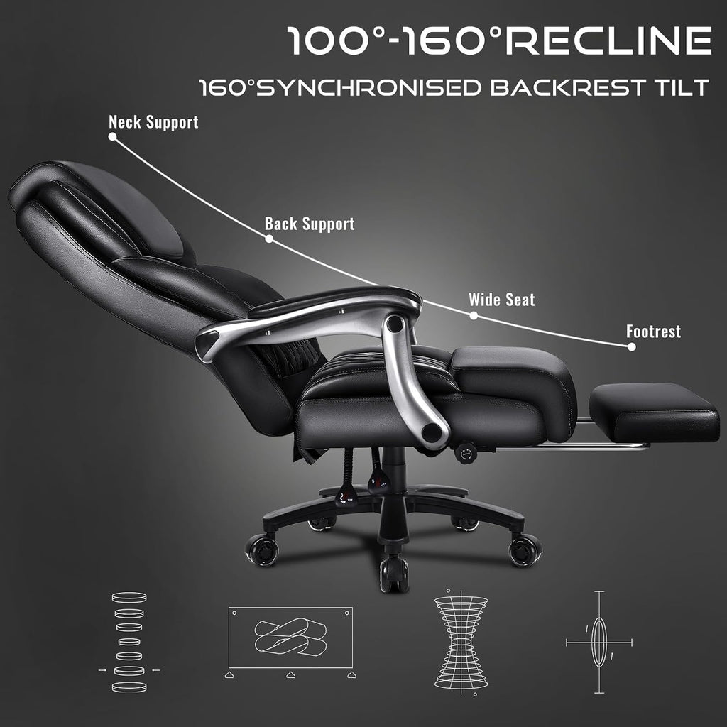 OFIKA 600lbs Big and Tall Office Chair with Foot Rest and Lifting Headrest,Large Heavy Duty Chair with Adjustable Lumber Support,Executive Office Chair,Leather Chair for Heavy People (Black)