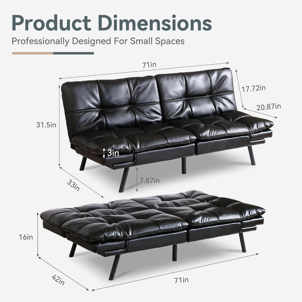 Futon Sofa Bed Convertible Couch, Black Faux Leather Sofa Bed with Memory Foam, Adjustable Backrest & Armrests, Multifunctional Small Loveseat Sleeper Sofa for Living Room, Apartment, Office