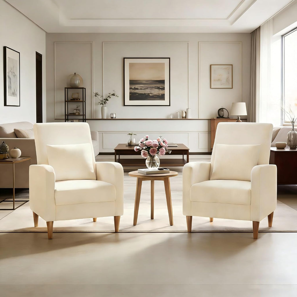 COLAMY Mid-Century Modern Accent Chair with Back Pillow, Upholstered Fabric Armchair with Solid Wood Legs, Reading Lounge Chair for Living Room, Bedroom, Office, Apartment & Small Spaces, Beige