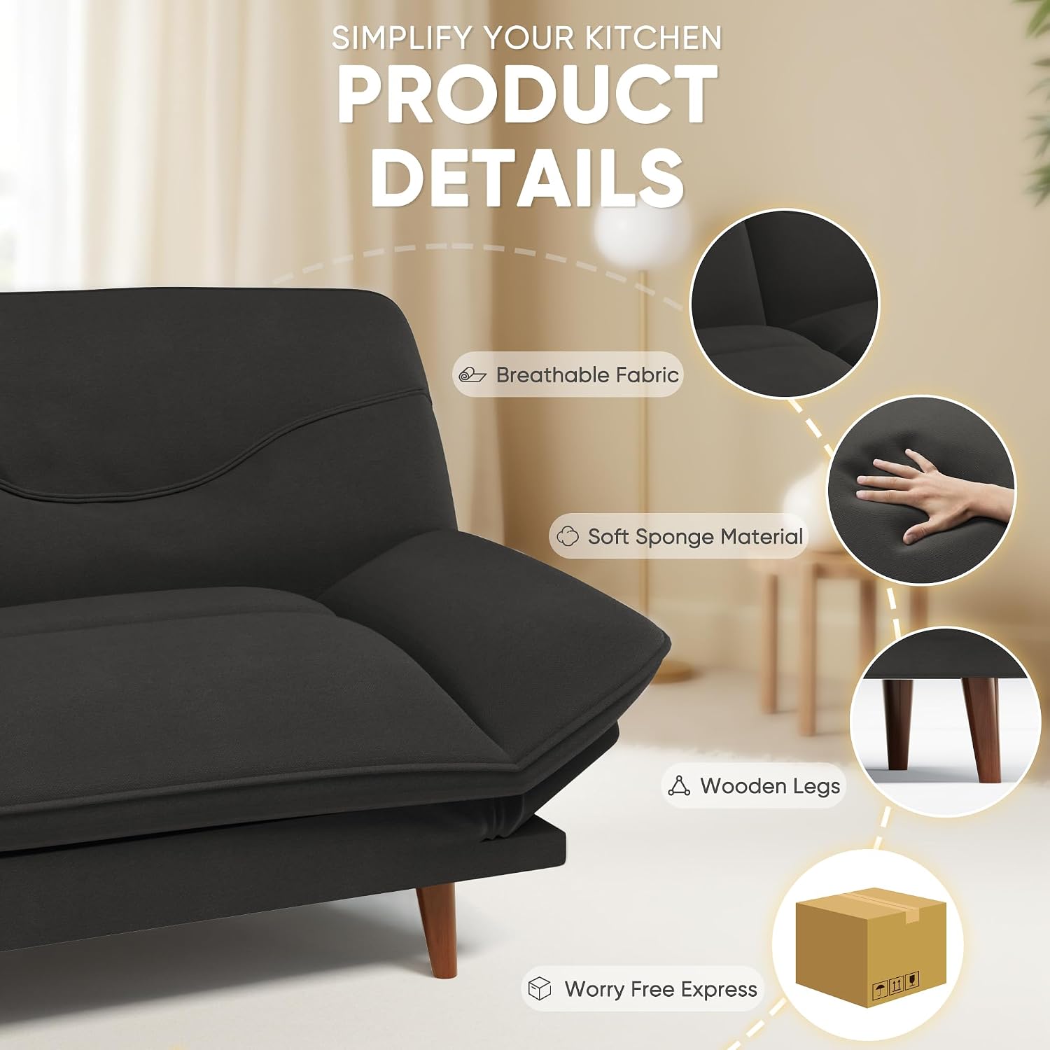 JUMMICO Convertible Futon Sofa Bed, Sleeper Futon Couch with Adjustable Backrest and Armrests, Modern Loveseat with Sturdy Wood Frame for Small Spaces, Apartments (Fabric, Black)
