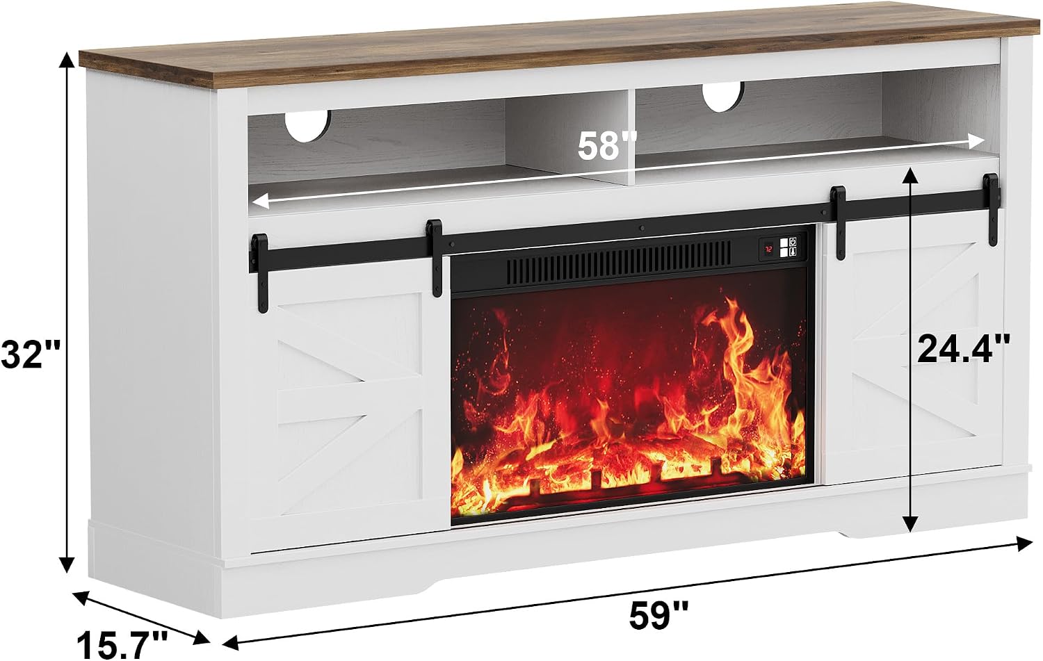 JUMMICO Fireplace TV Stand for 65+ Inch TV with 26'' Fireplace Entertainment Center with Storage Cabinet and Adjustable Shelves Media Console with Sliding Barn Door for Living Room (Bright White)