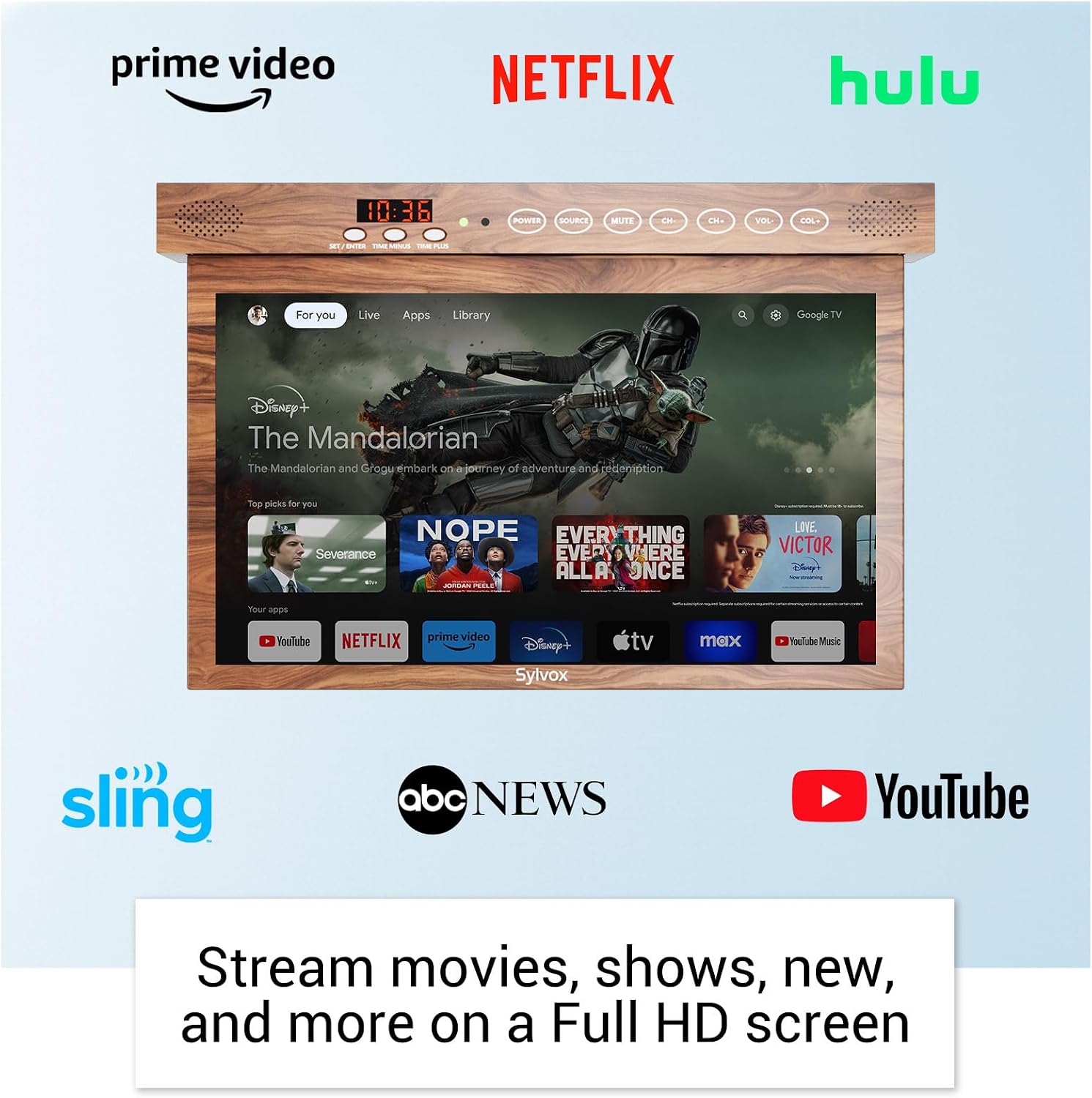 SYLVOX 15.6 inch Smart TV for Kitchen, 1080P Under Cabinet TV, 12V Smart Android Rotated & Folded, Support Google Assistant WiFi Bluetooth, Small Television for Kitchen, Bedroom, RV Camper, Mahogany