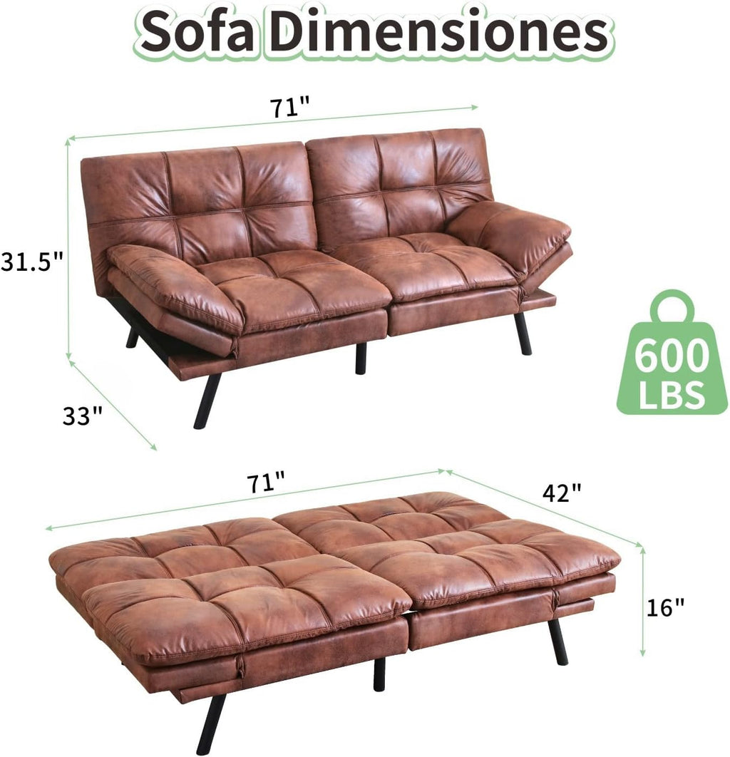 MUUEGM 71' Convertible Futon Sofa Bed, Upholstered Small Futon Couches with Adjustable Backrest, Loveseat Sleeper Bed for Compact Living Room Studio Office (Saddle Brown)