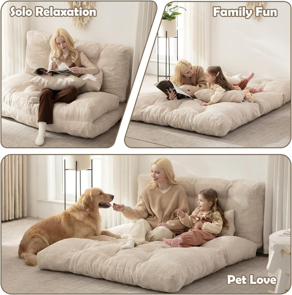 Folding Sofa Bed, Convertible Sleeper Chair with Pillow Foldable Mattress with Back Support, Portable Fold Out Chair Bed Comfy Floor Sofa Lounge for Living Room Bedroom, Beige Full 80x54 Inch