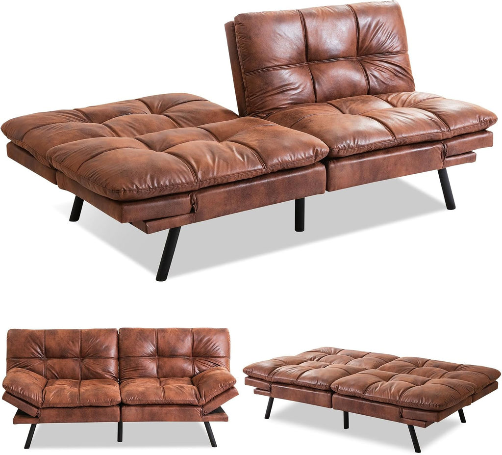 Convertible Futon Sofa Bed,71' Modern Premium Faux Leather Futon Couch with Adjustable Backrest&Armrest,Small Loveseat Sleeper Sofa,Dorm Futonsofa for Apartment,Living Room,Whisky Brown