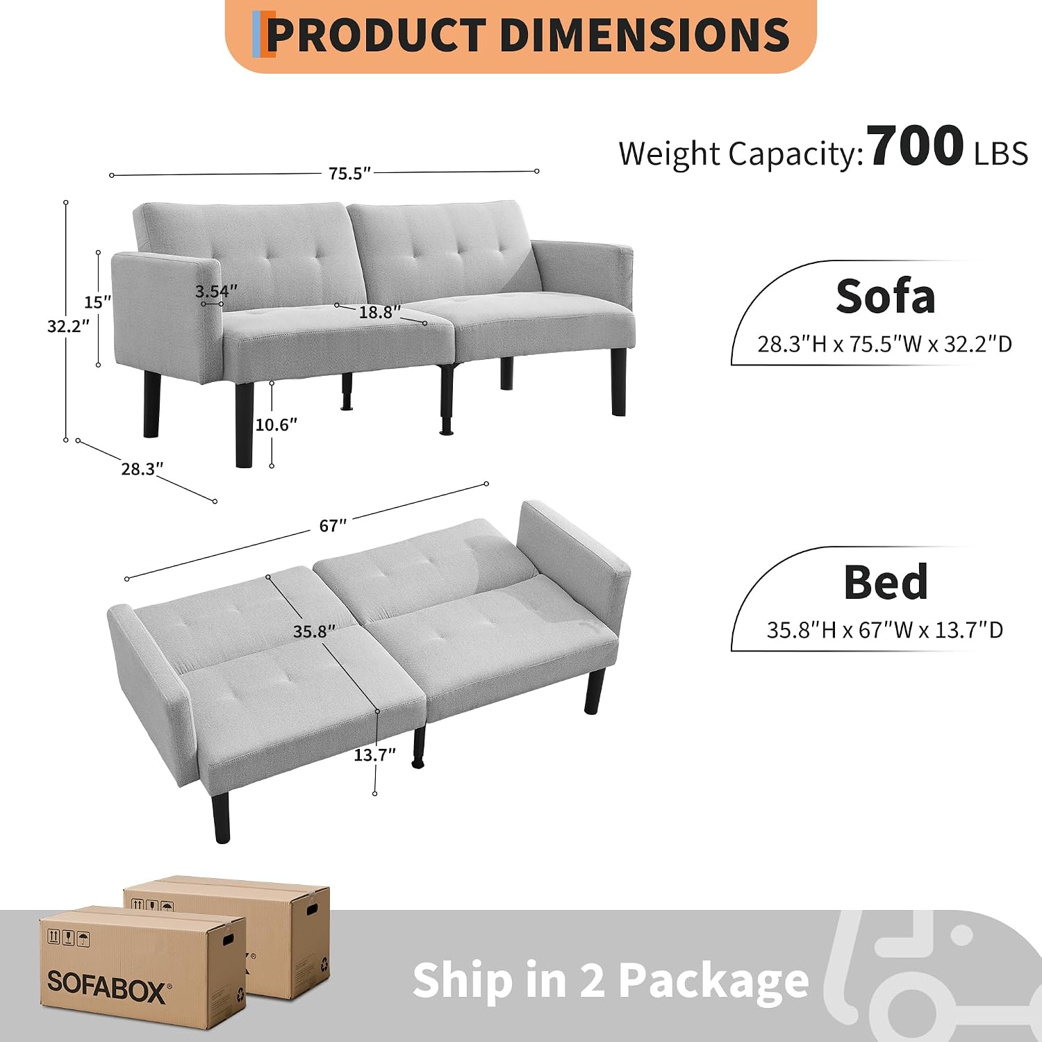 Garvee 75.5' Convertible Futon Sofa Bed, Linen Upholstered Futon Couch with Strong Legs, Mid Century Modern Sleeper Sofa, Comfy Loveseat for Living Room, Bedroom, Dorm, Grey