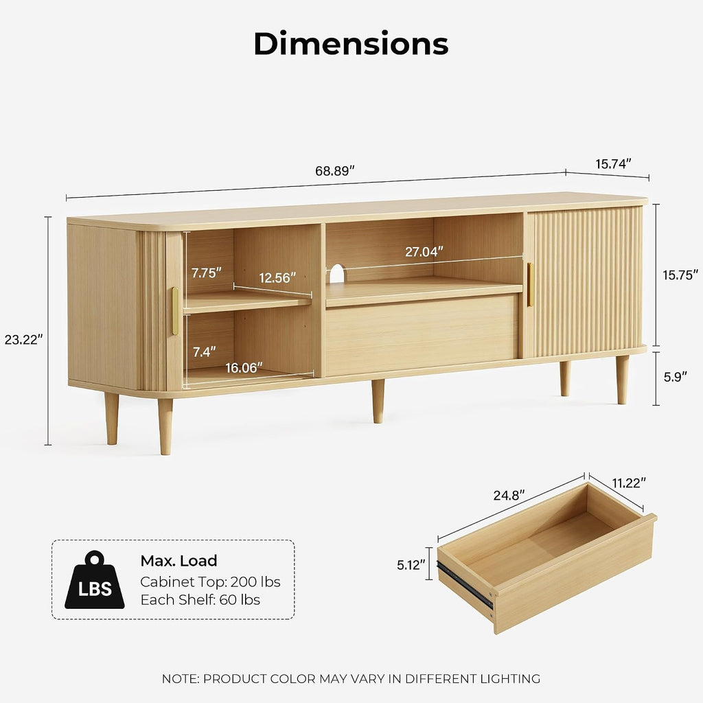 IRONCK Modern Fluted TV Stand for TVs Up to 80 inches, 69' Entertainment Center with Storage Drawer, TV Console with Sliding Doors and Adjustable Shelves, Media Console for Living Room Bedroom, Oak
