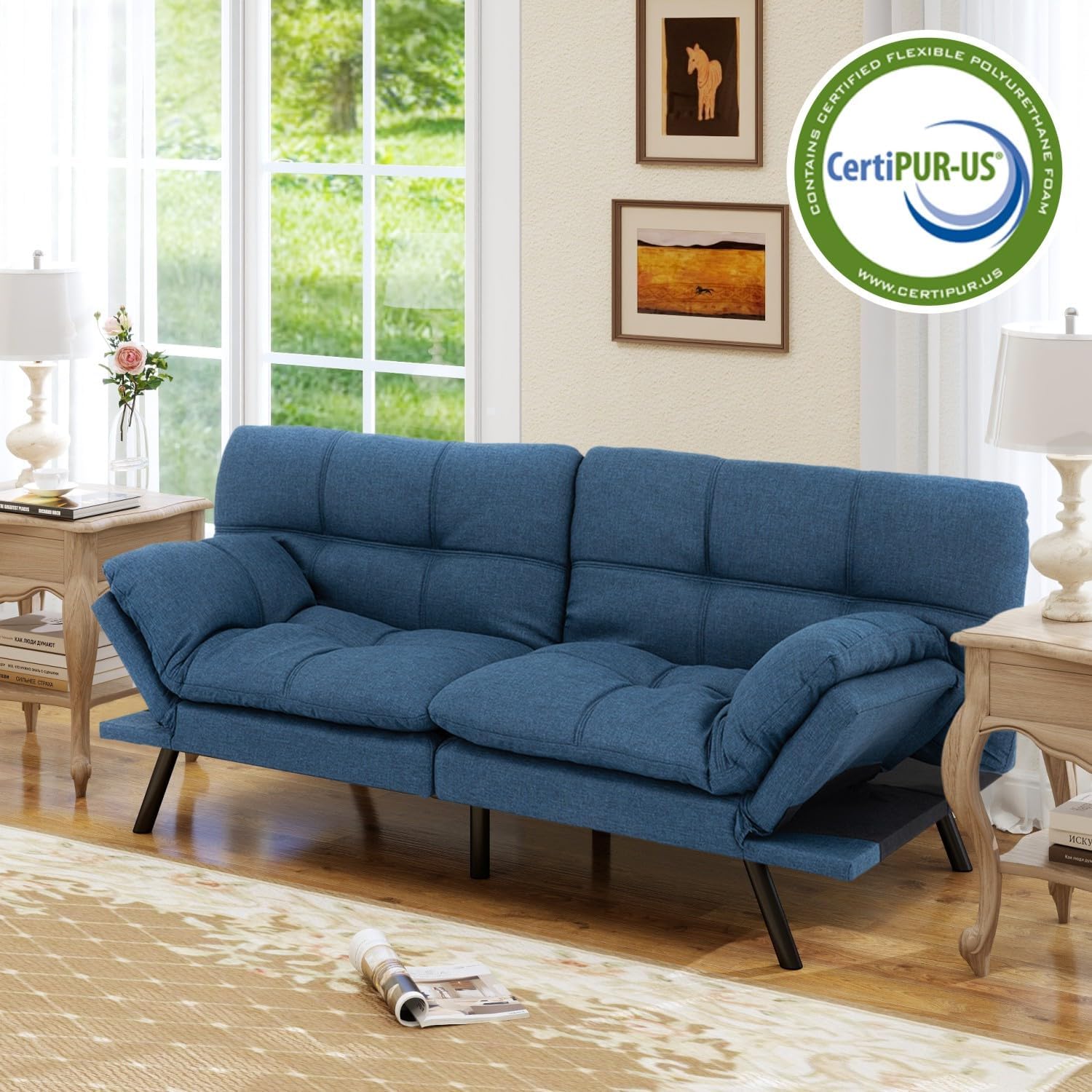 MUUEGM 71' Convertible Futon Sofa Bed, Upholstered Small Futon Couches with Adjustable Backrest, Loveseat Sleeper Bed for Compact Living Room Studio Office (Blue)