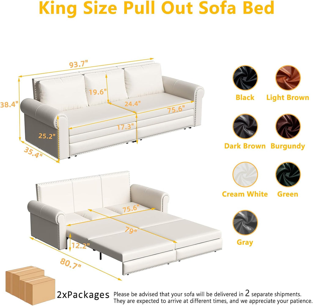 93.7' King Pull Out Sofa Bed, Faux Leather Sleeper Sofa Couch, 3 in 1 Convertible Futon Couches for Living Room, Small Space, Apartment, Office, Bedroom, Modern Rivet Armrest, Cream White