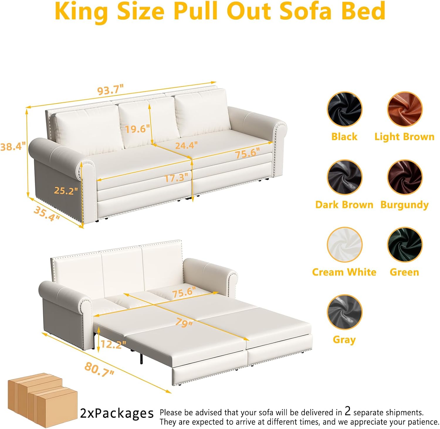 93.7' King Pull Out Sofa Bed, Faux Leather Sleeper Sofa Couch, 3 in 1 Convertible Futon Couches for Living Room, Small Space, Apartment, Office, Bedroom, Modern Rivet Armrest, Cream White