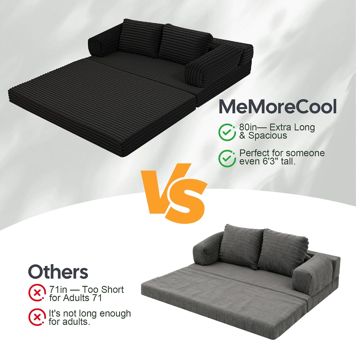 MeMoreCool Convertible Sofa Bed Black, Folding Floor Couch Bed Queen, Pull Out Sleeper Couch with Pillows, Corduroy Fold Out Futon Sofa for Bedroom Living Room Small Space