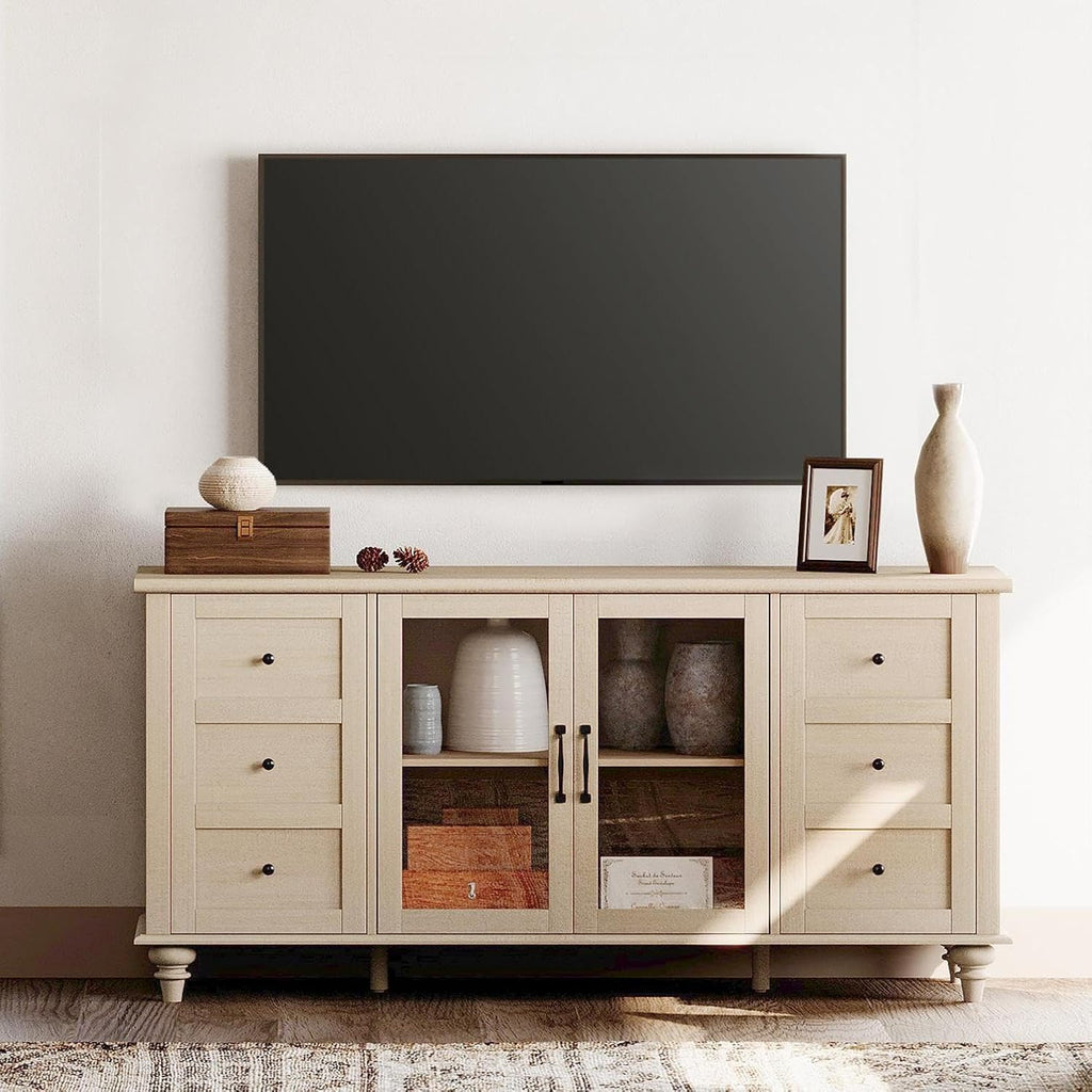 WAMPAT Glass Door TV Stand for TVs up to 75 inch, Wood TV Console Table with 4 Storage Cabinets, Farmhouse Television Stands for Living Room, 58 Inch, Beige