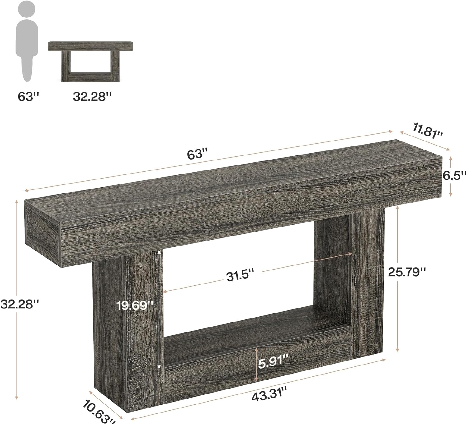 Tribesigns 63' Console Table, Farmhouse 2-Tier Entryway Table with U-Shaped Base, Narrow Long Wood Sofa Table Behind Couch Table for Living Room, Hallway, Foyer, Gray