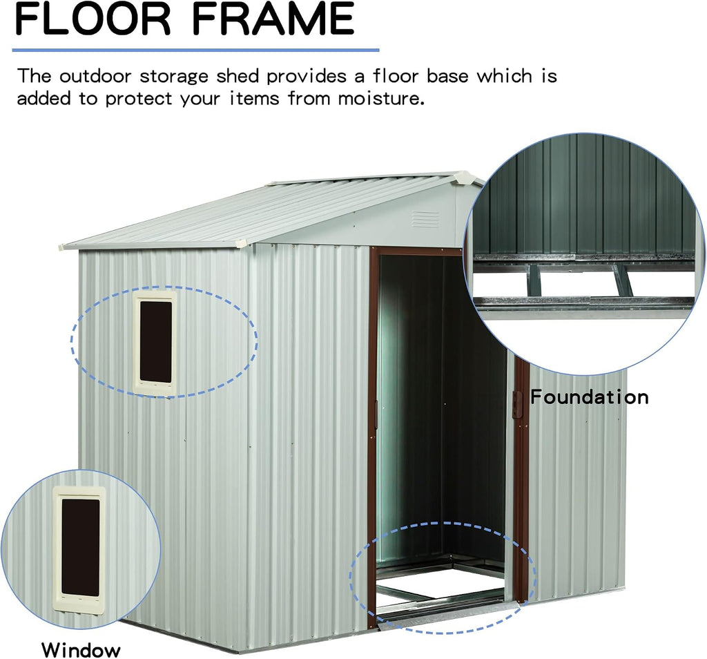 BNSPLY 6x5 FT Outdoor Storage Shed, Metal Garden Shed with Floor Frame, Tool Shed Outdoor Storage with Lockable Sliding Doors & Window & Air Vents, Storage House Waterproof for Backyard, Lawn, White