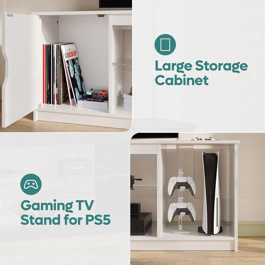 Bestier 57' Gloss White TV Stand for 65' TVs - Modern Gaming Console Unit with Glass Shelves, PS5/Xbox Cabinet, Adjustable Height Entertainment Center for Bedroom & Living Room