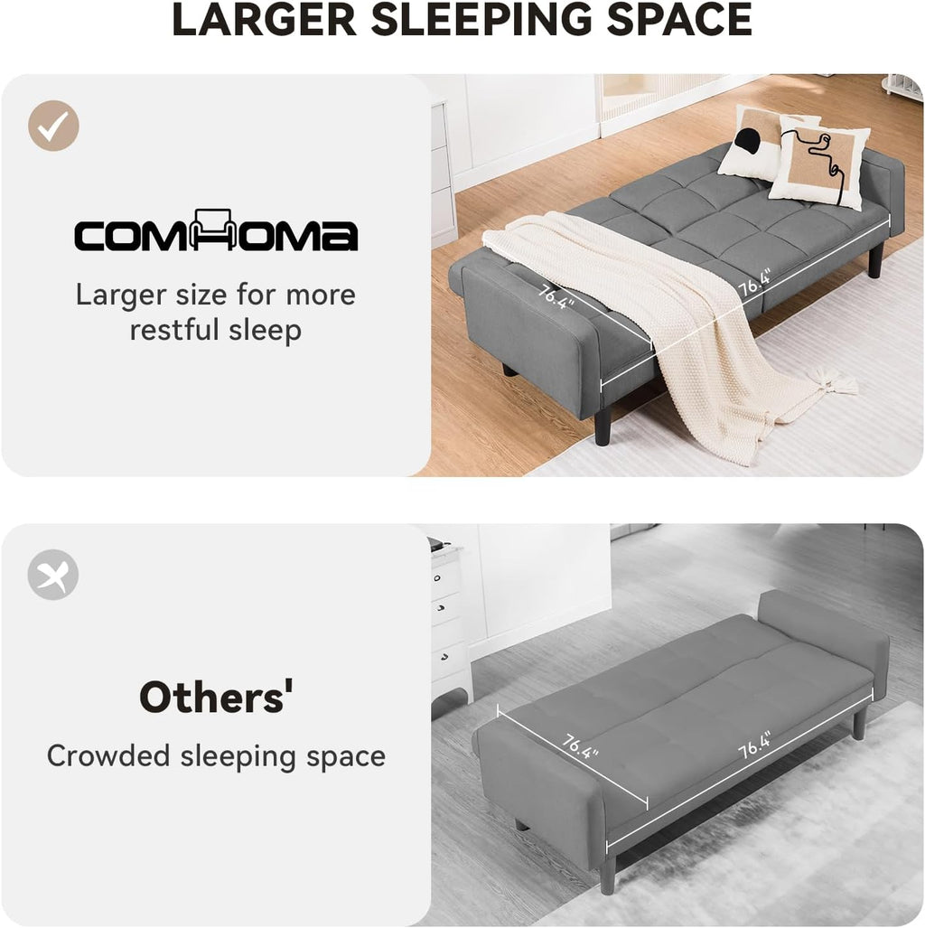 COMHOMA 76 inch Futon Sofa Bed, Mid Century Modern Futon Couch with Adjustable Backrest, Fabric Convertible Sofa Cama, Folding Sleeper Sofa for Living Room, Bedroom, Dark Gray