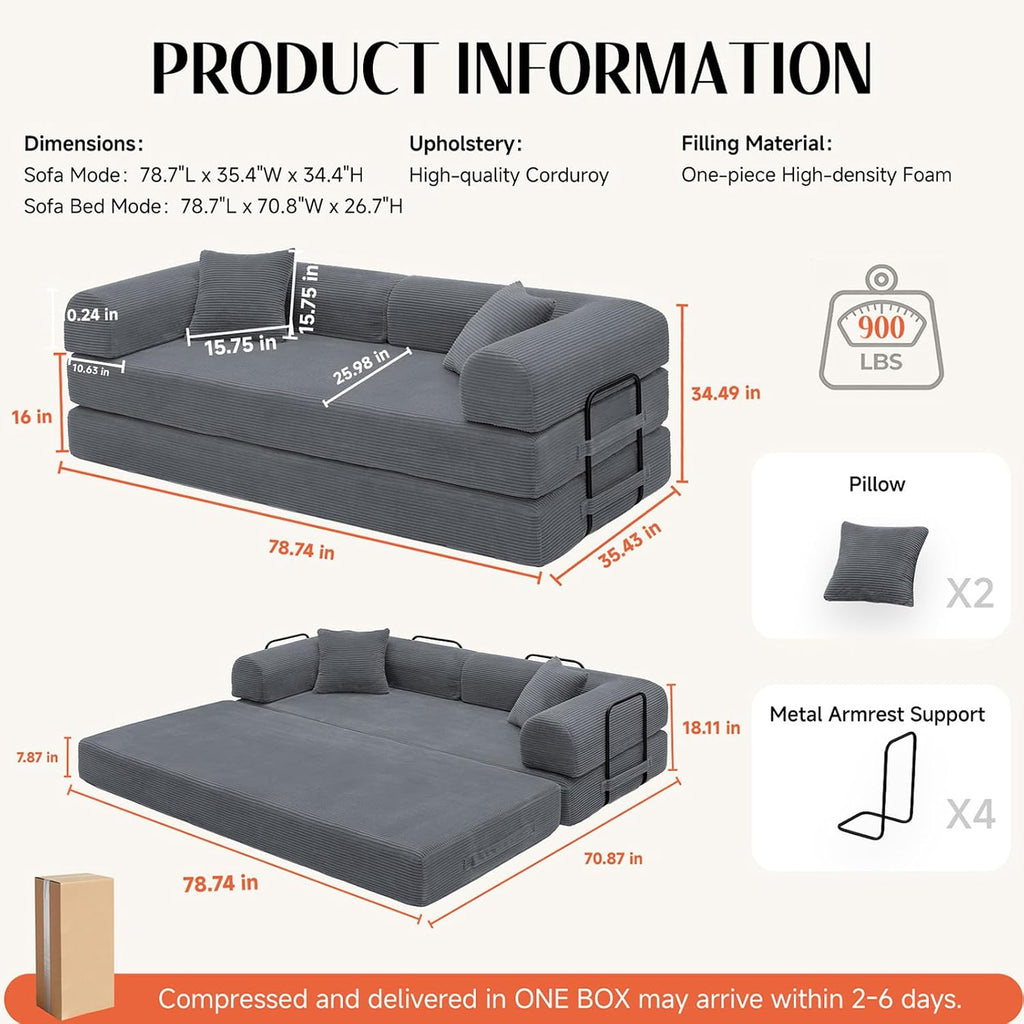 79'' Convertible Sofa Bed, Boneless Couch-in-a-Box, Corduroy Floor Futon Loveseat Sleeper, 26'' Deep Seat, Removable Machine-Wash Covers, No Assembly, 2 Pillows, Dark Grey