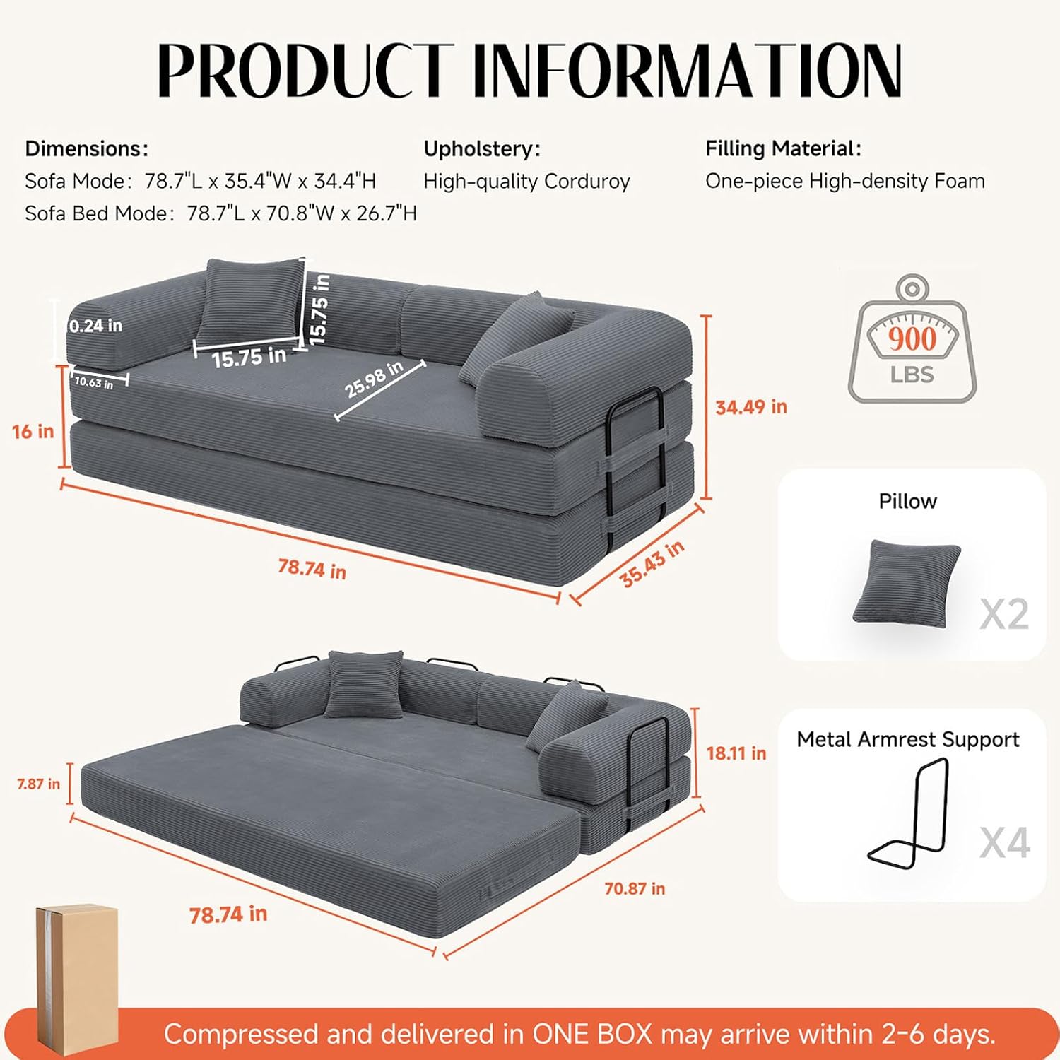 79'' Convertible Sofa Bed, Boneless Couch-in-a-Box, Corduroy Floor Futon Loveseat Sleeper, 26'' Deep Seat, Removable Machine-Wash Covers, No Assembly, 2 Pillows, Dark Grey