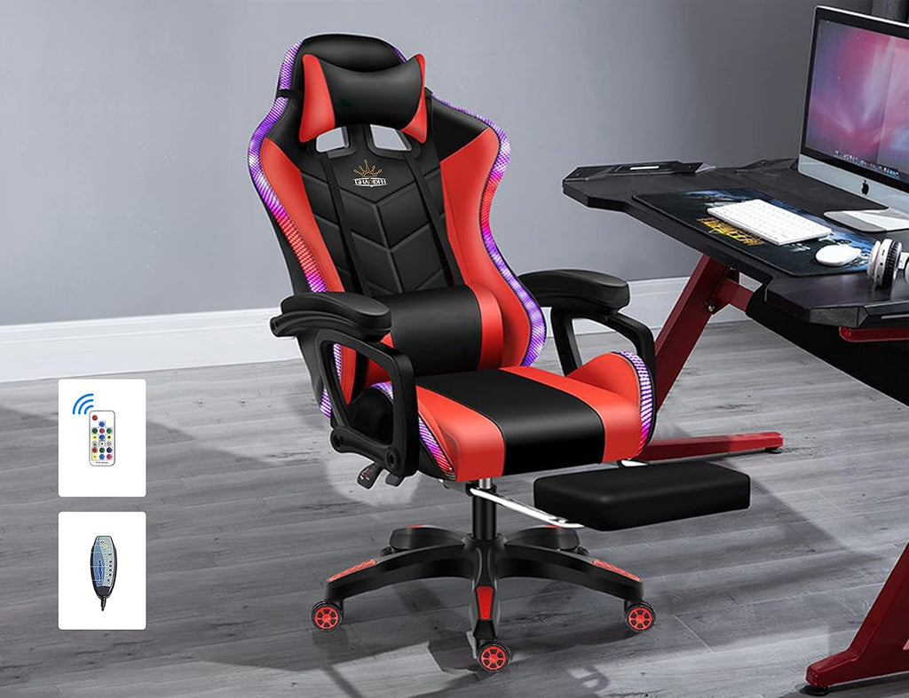 RGB Gaming Chair with Massage and Footrest, Ergonomic Pro Computer Chair with LED Lights and Speakers, High Back Music Video Chair with Lumbar Support and Headrest, for Adult Teens. (Black + Red)