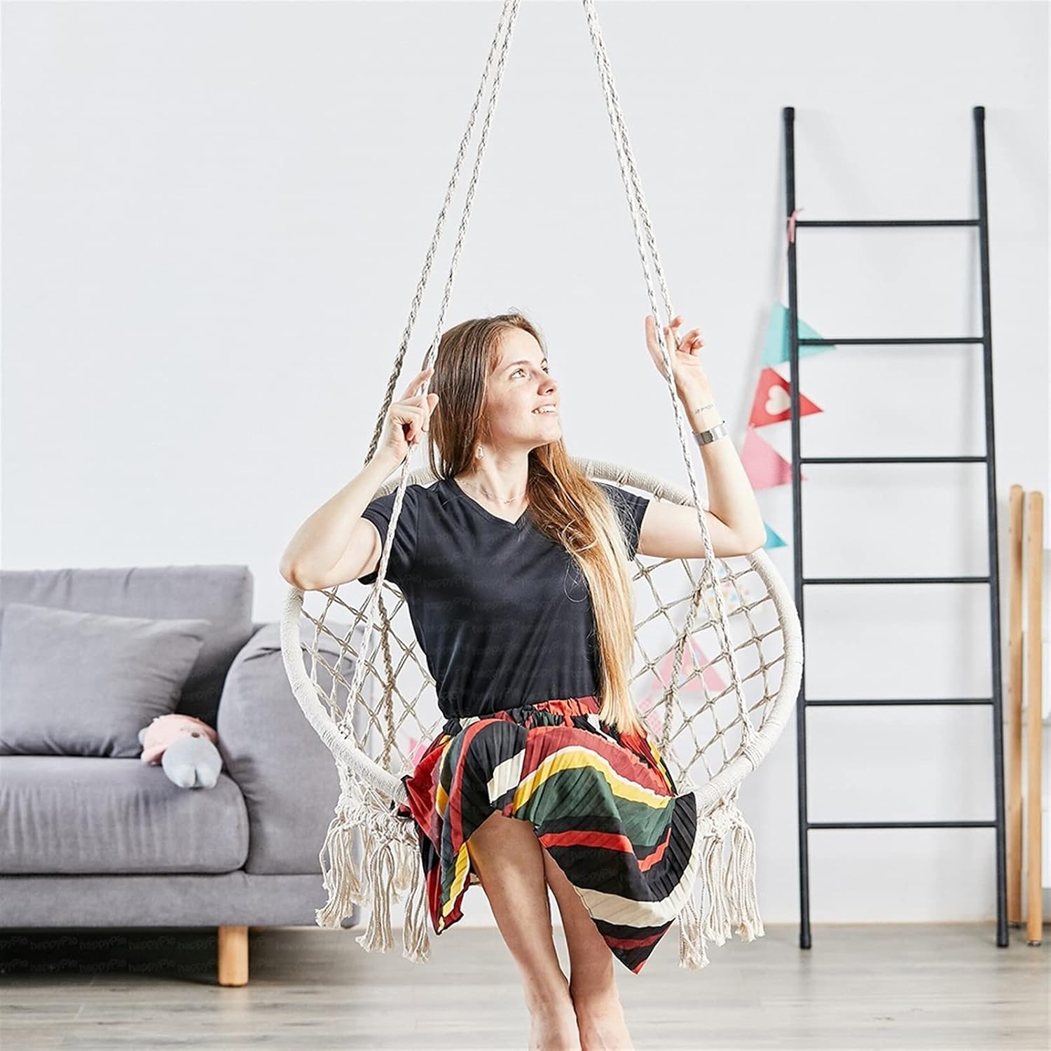 Swings Seats Handwoven Cotton Macrame Hammock Hanging Chair Swing for Indoor & Outdoor Use with Backrest, Children's Tassel Swing Hanging Basket Swing Set(Gris)