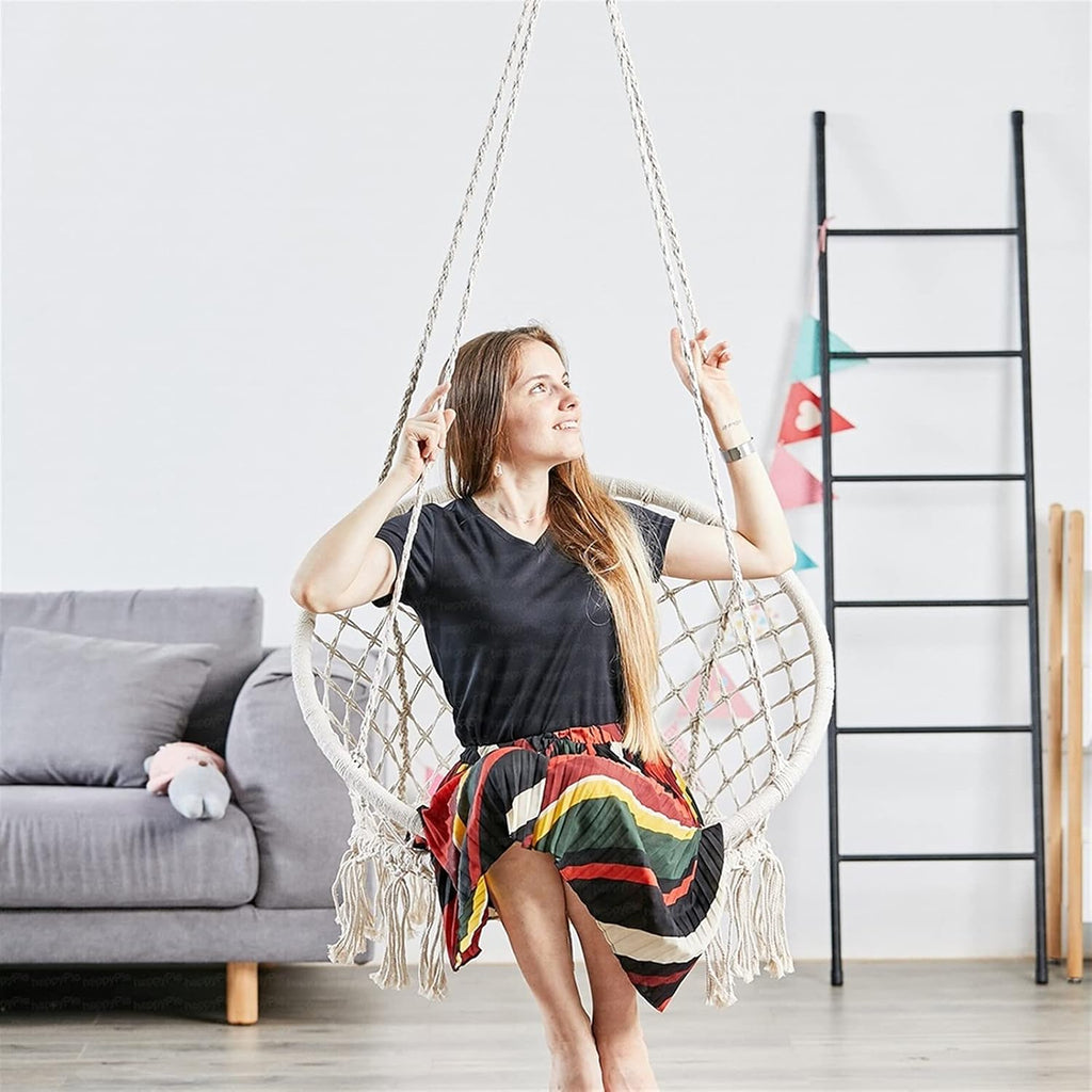 Swings Seats Handwoven Cotton Macrame Hammock Hanging Chair Swing for Indoor & Outdoor Use with Backrest, Children's Tassel Swing Hanging Basket Swing Set(White)
