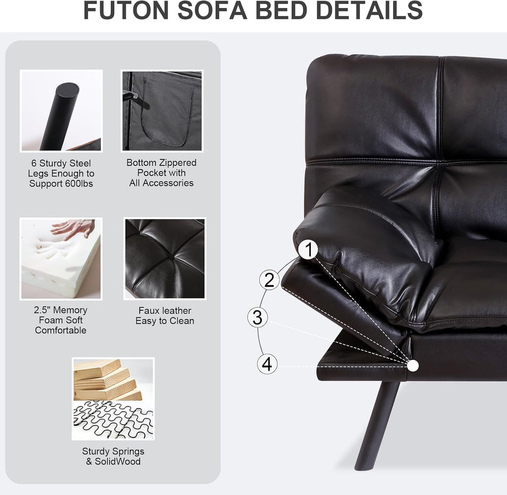 Vipbear Futon Sofa Bed Couch, 71' Convertible Sofa Bed, Space-Saving Loveseat with Adjustable Backrest & Armrest for Living Room,Apartment,Office,Black Sleeper Sofa