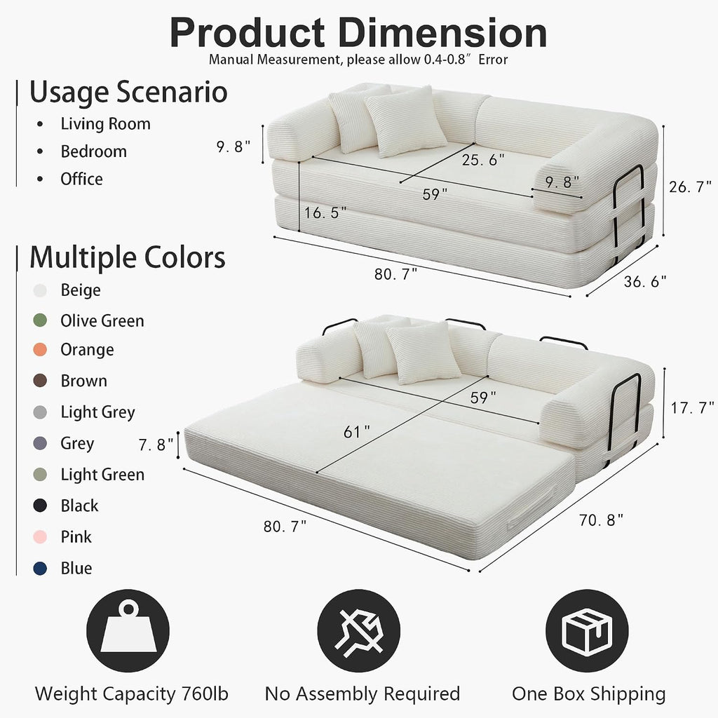 JJJ 78 inch Sofa Bed 4-in-1 Boneless Convertible Corduroy Sleeper Folding Couch with Fixed-Shape Frame and 2 Pillows Futons No-Assembly 3 Seater Upholstered for Living Room (Beige, 78 inch)