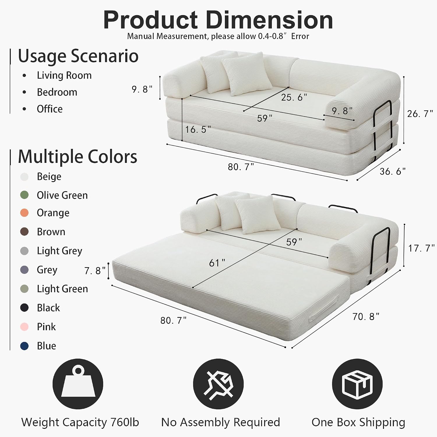 JJJ 78 inch Sofa Bed 4-in-1 Boneless Convertible Corduroy Sleeper Folding Couch with Fixed-Shape Frame and 2 Pillows Futons No-Assembly 3 Seater Upholstered for Living Room (Beige, 78 inch)