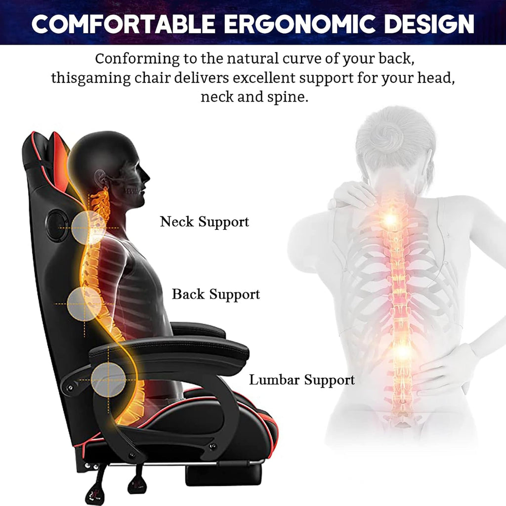 Computer Gaming Chair with LED Lights and Speakers PU Leather Office Chair with Lumbar Pillow Support and Footrest, Massage Gamer Chair High Back Video Game Chair for Adult Teens,Red
