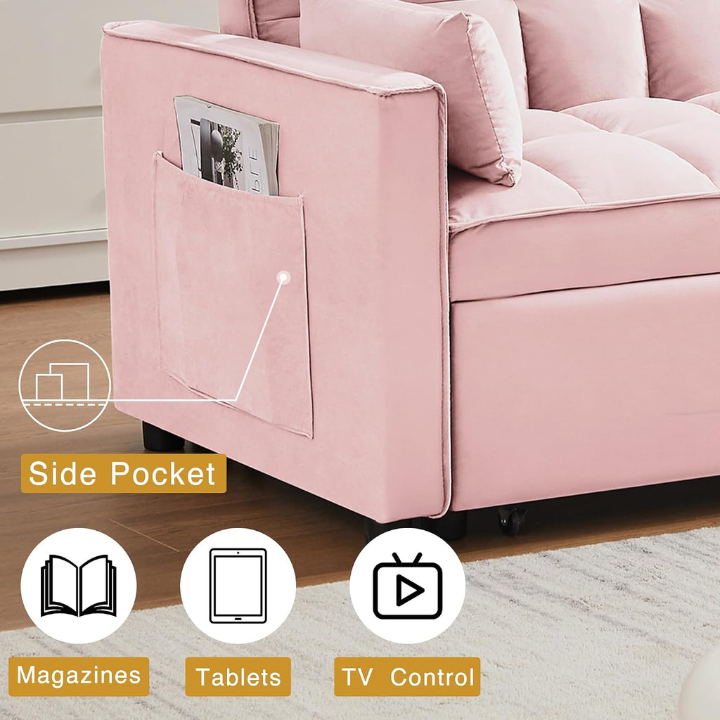 Wakefit 3 in 1 Convertible Sleeper Sofa Bed, Futon Couches for Living Room with Side Pocket | Adjustable Backrest| Velvet Fabric | Pull Out Couch | Recliner Loveseat | Sectional Sofa, Pink