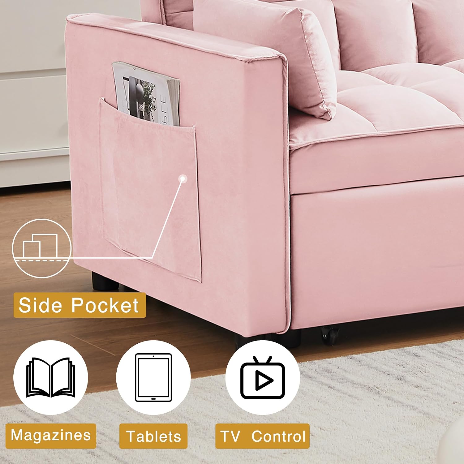 Wakefit 3 in 1 Convertible Sleeper Sofa Bed, Futon Couches for Living Room with Side Pocket | Adjustable Backrest| Velvet Fabric | Pull Out Couch | Recliner Loveseat | Sectional Sofa, Pink