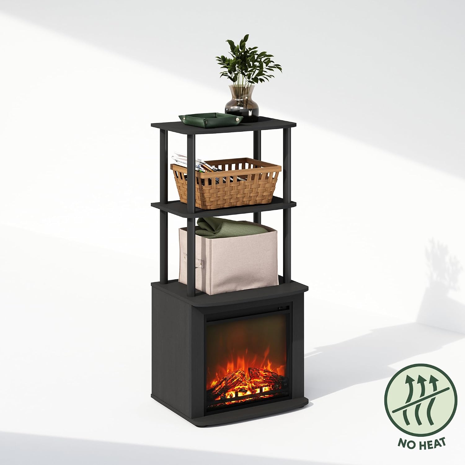 Furinno Turn-N-Tube Side Table, 3-Tier NO Heat Fireplace End Table with Open Shelf, Electric Fireplace Display Night Stand, Bedside Table, for Living Room, Bedroom, Americano/Black