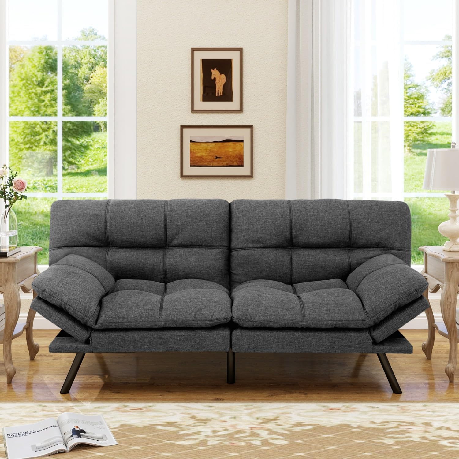 MUUEGM 71' Convertible Futon Sofa Bed, Upholstered Small Futon Couches with Adjustable Backrest, Loveseat Sleeper Bed for Compact Living Room Studio Office (Grey)