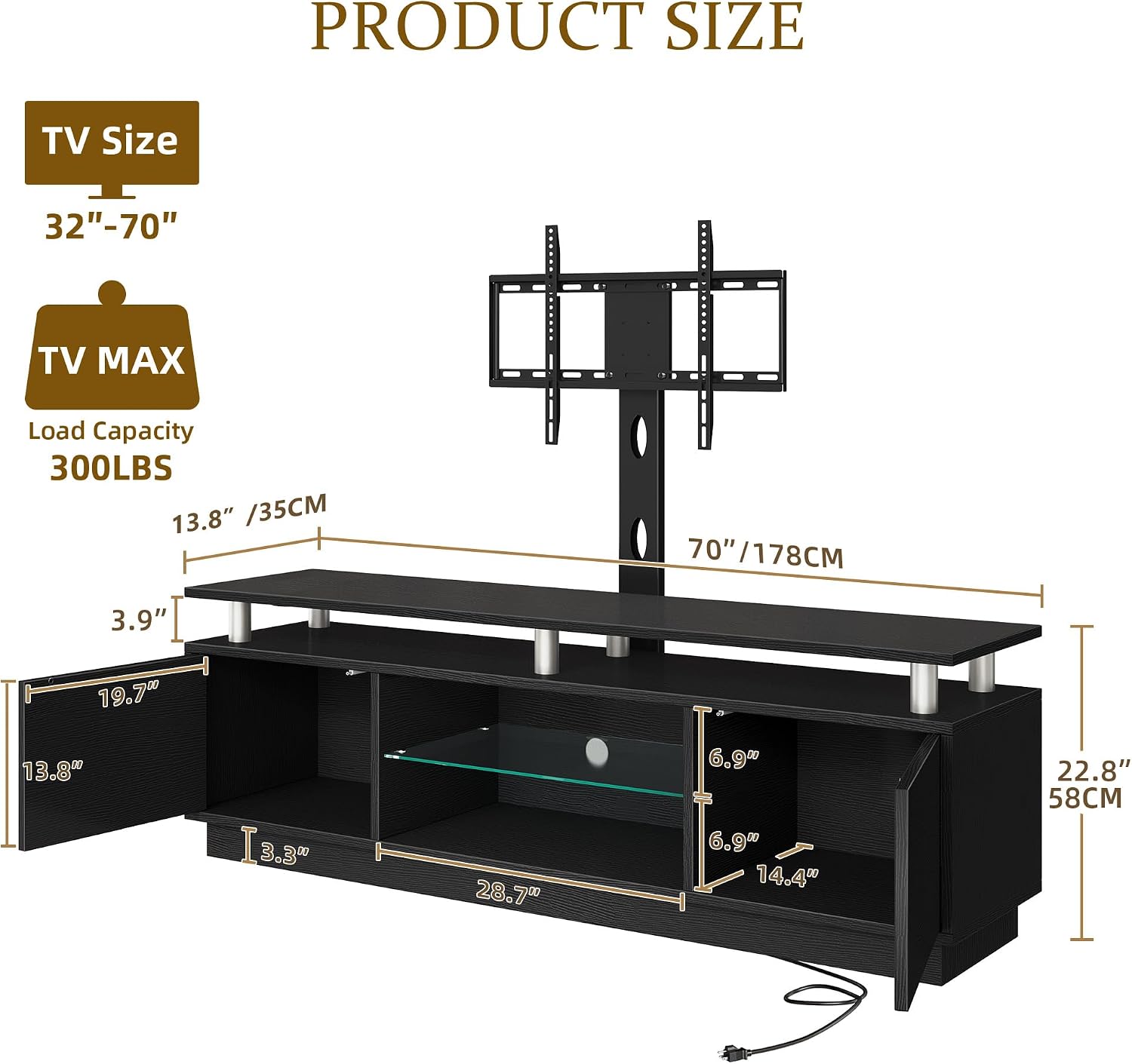 DWVO Black TV Stand for 75/70/65 inch TV with Mount & Power Outlet, Modern LED TV Stands for Living Room, Entertainment Center with Storage, Television Stand, Gaming Media Stand, Black