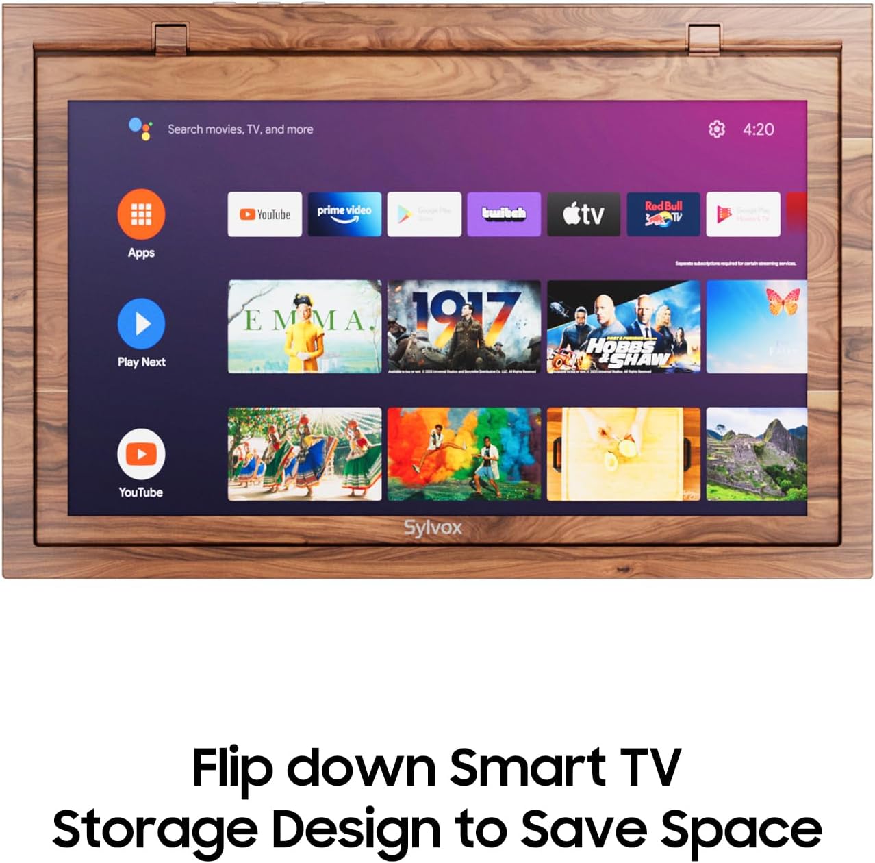 SYLVOX 15.6' Under Cabinet Smart TV – 360° Rotation, 90° Flip-Down Screen, Wireless Connectivity, Space-Saving Design for Kitchen, Bedroom, or RV. (Wood Grain Color)