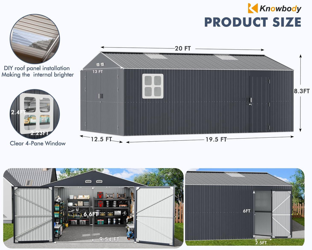 K Knowbody 13x20x8.3 FT Metal Garage Shed with Base Floor Kit, Heavu-Duty Powder-Coated 18-Gauge Steel Frame, 100 PSF Snow & 150 MPH Wind Rated, Skylight Dual-Entry Carport Workshop