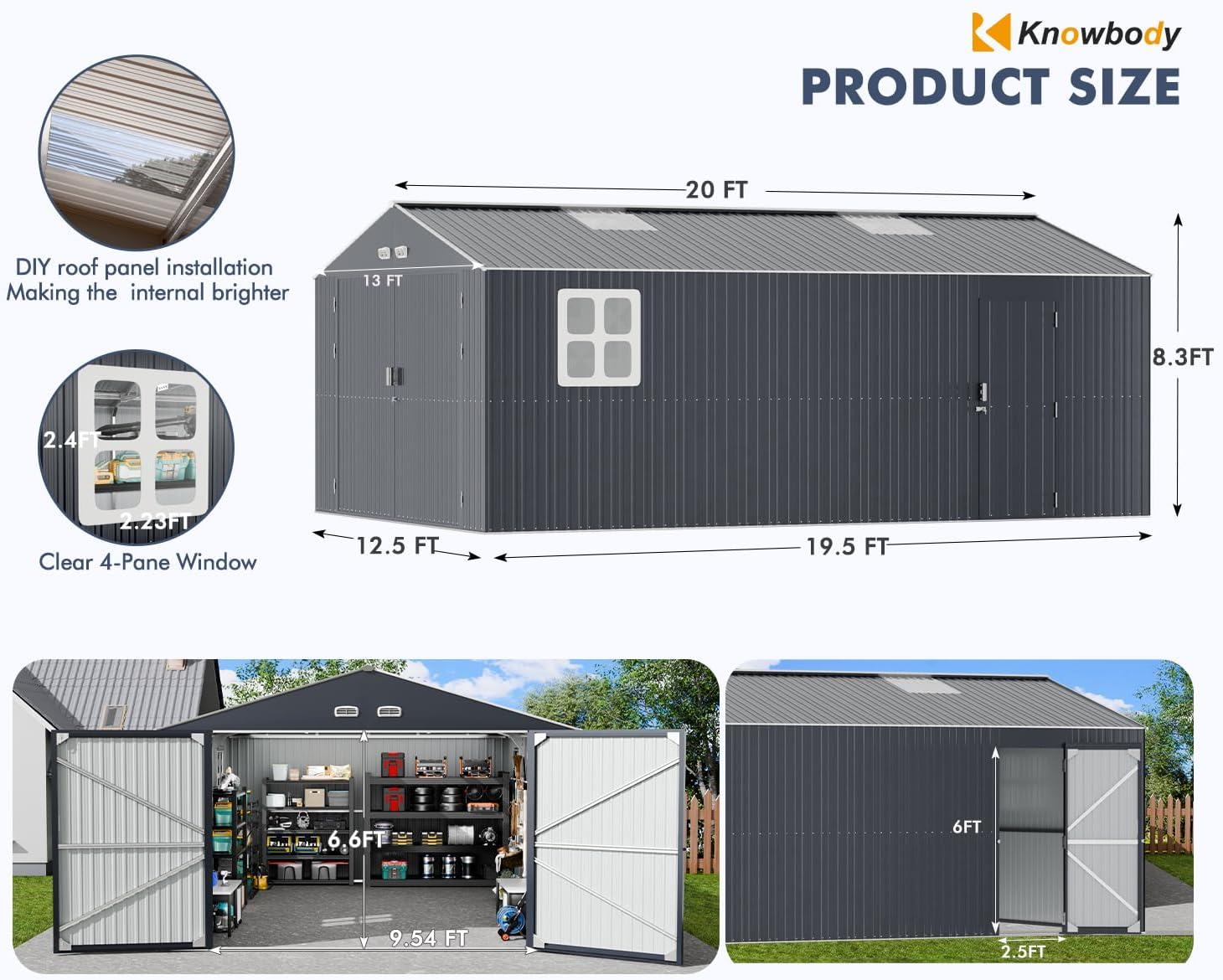 K Knowbody 13x20x8.3 FT Metal Garage Shed with Base Floor Kit, Heavu-Duty Powder-Coated 18-Gauge Steel Frame, 100 PSF Snow & 150 MPH Wind Rated, Skylight Dual-Entry Carport Workshop