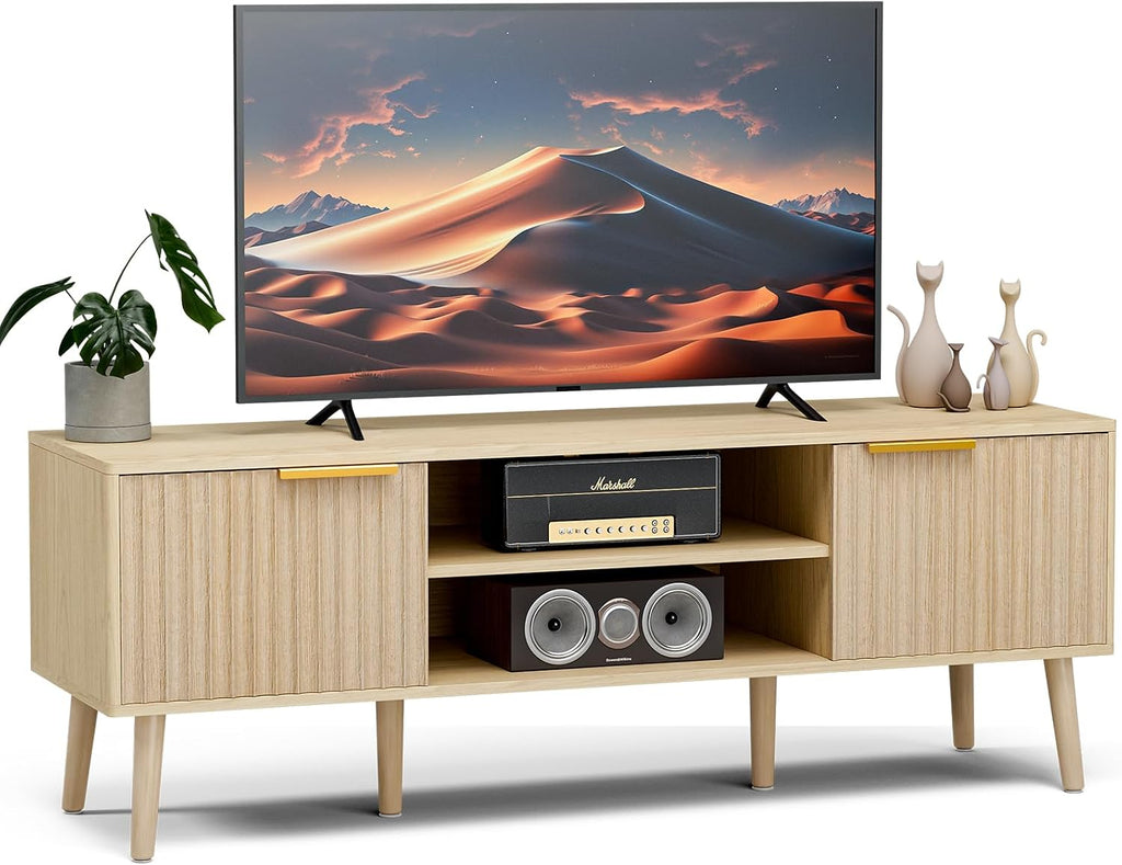 LCRBOL TV Stand for Living Room, Boho Entertainment Center for 55/60 inch TVs, Media Console with Fluted Door Cabinets and Open Shelves, for Bedroom, Oak