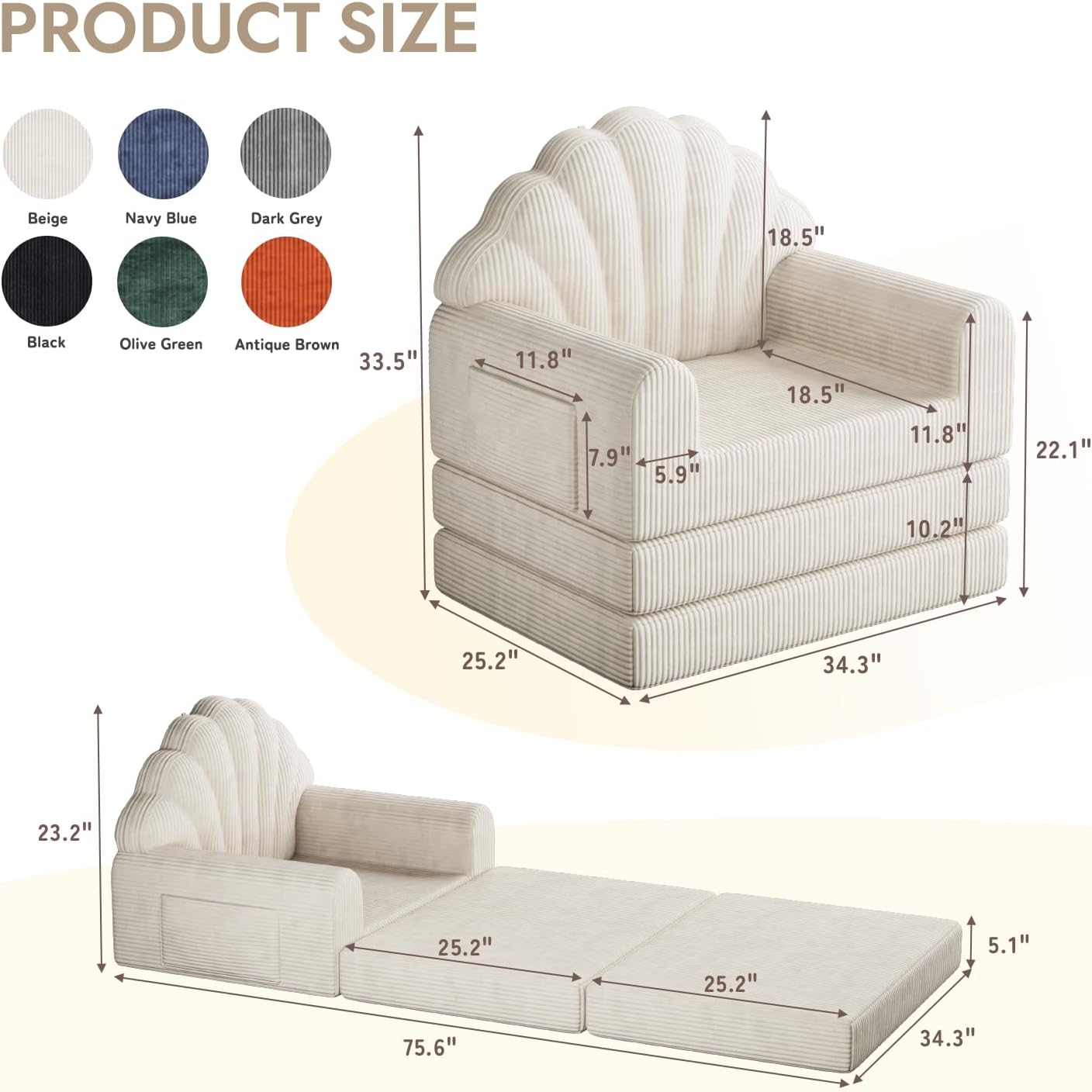 2-in-1 Folding Sofa Bed, 75' D x 34' W Convertible Futon Sleeper Chair for Adult with Extra Back Support, Fold Out Bean Bag Floor Foam Lounger Couch for Living Room Bedroom Small Space, Beige