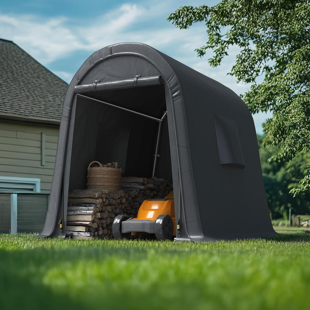 ADVANCE OUTDOOR 6x8 ft Storage Shed Shelter Steel Metal Round Peak Roof Portable Garage Carport for Motorcycle, Boat, or Garden Tools with 2 Roll up Doors & Vents,Dark Gray