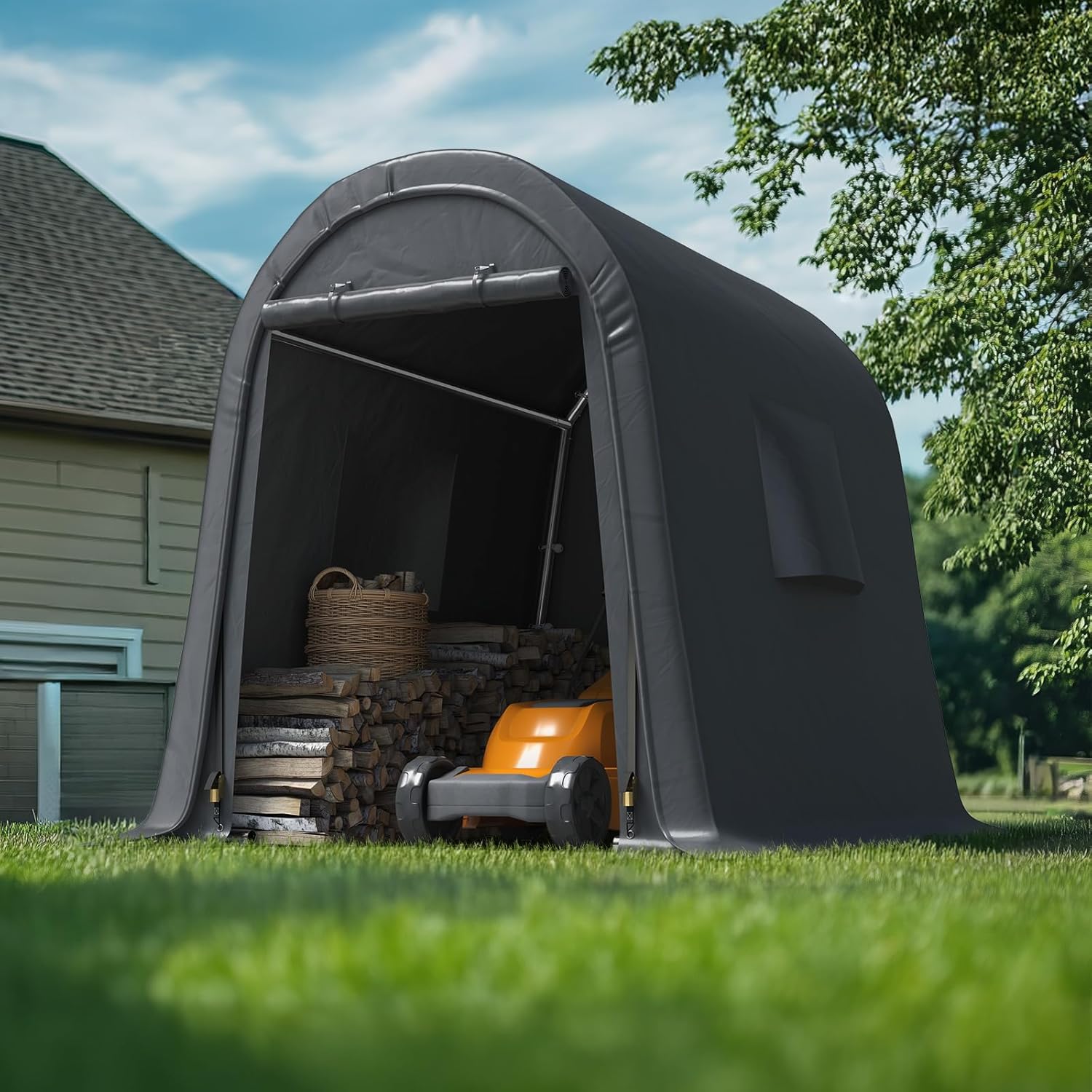 ADVANCE OUTDOOR 6x8 ft Storage Shed Shelter Steel Metal Round Peak Roof Portable Garage Carport for Motorcycle, Boat, or Garden Tools with 2 Roll up Doors & Vents,Dark Gray