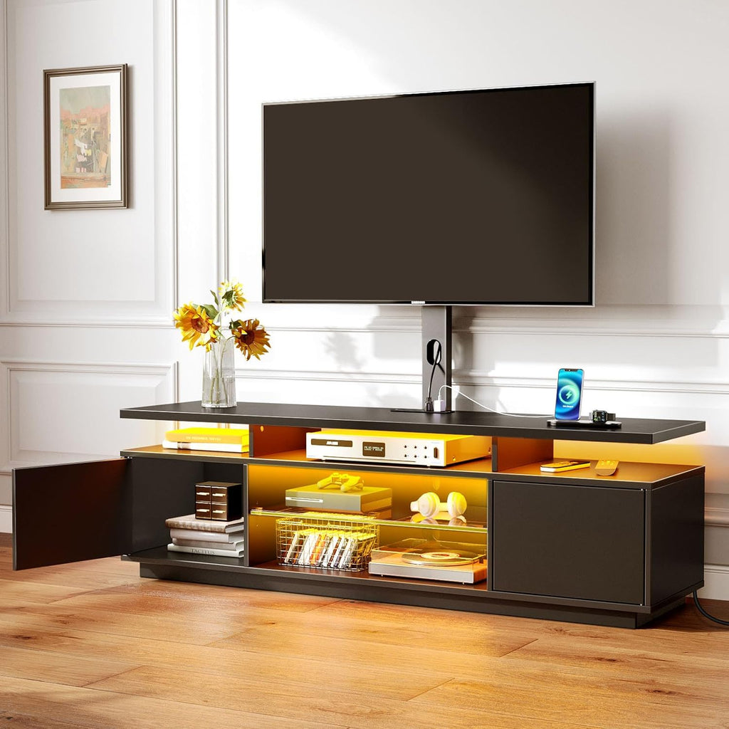 Rolanstar TV Stand with Mount and Power Outlet 51.2', Swivel TV Stand Mount for 32/45/55/60/65/70 inch TVs, Height Adjustable Modern Entertainment Center with Storage & LED Lights, TV Table Black