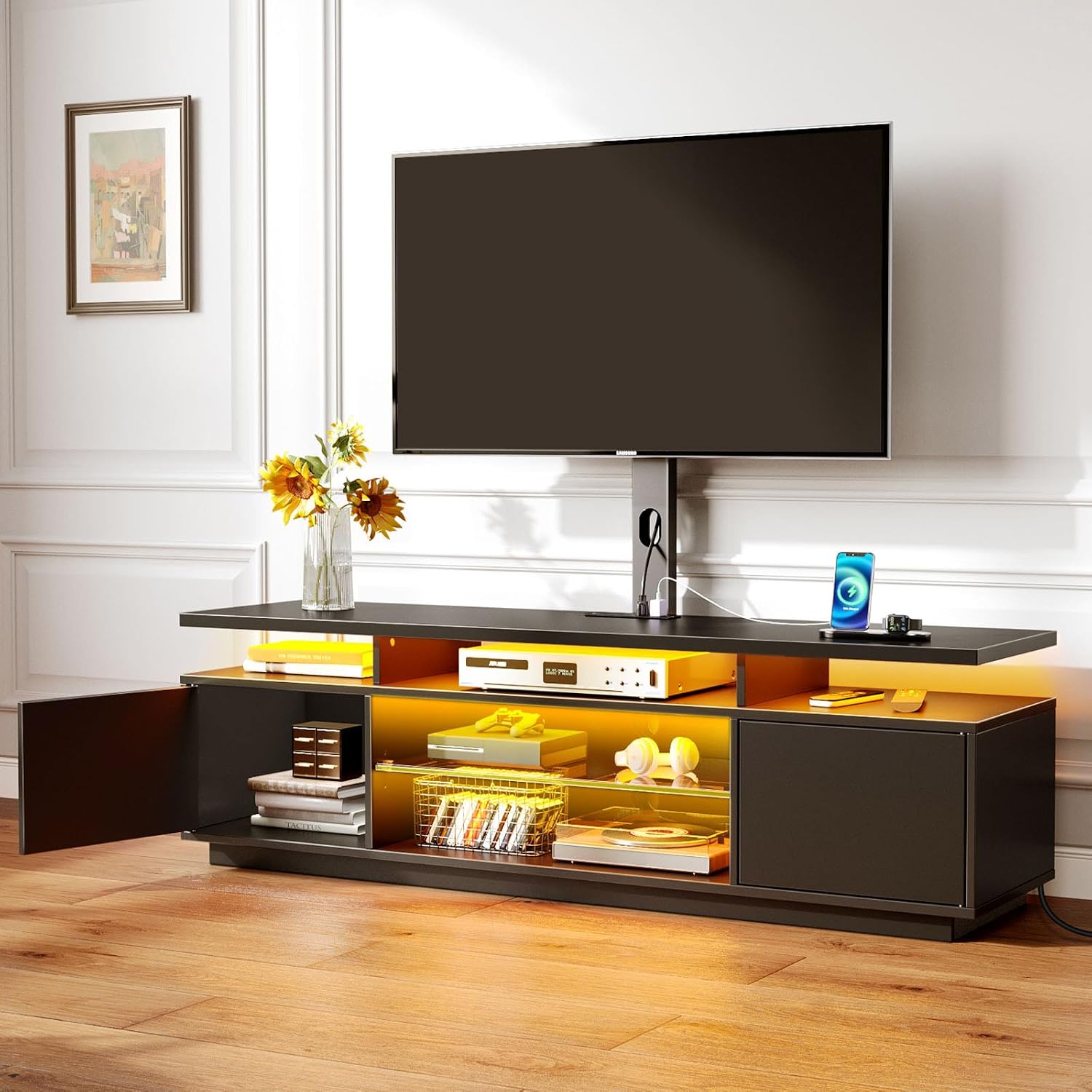 Rolanstar TV Stand with Mount and Power Outlet 59.1', Swivel TV Stand Mount for 32/45/55/60/65/70 inch TVs, Height Adjustable Modern Entertainment Center with Storage & LED Lights, Black TV Table