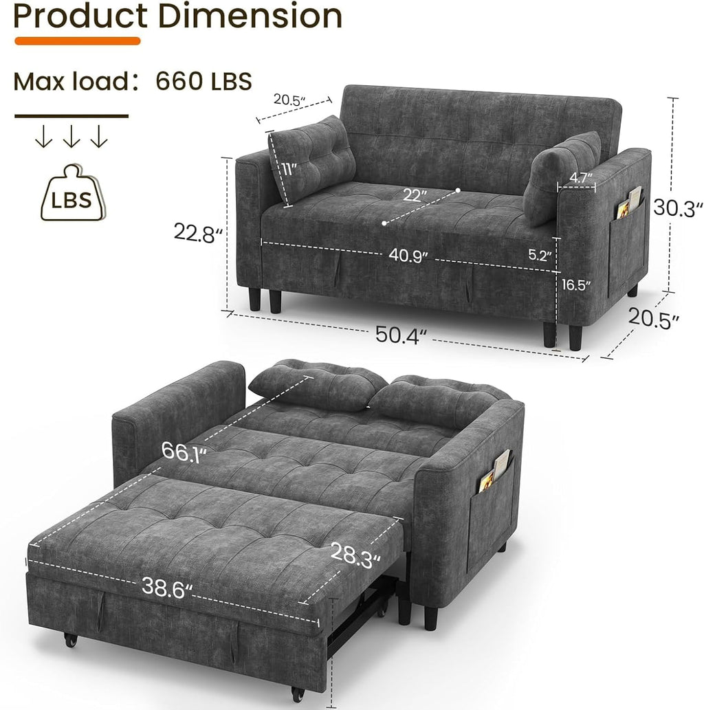 KKL 3 in 1 Convertible Sleeper Sofa Bed, Pull Out Couch Bed with Adjustable Backrest, Chenille Loveseat Couches with Side Pocket,Futon Sofa Beds Couch for Living Room, Bedroom,(Dark Grey)