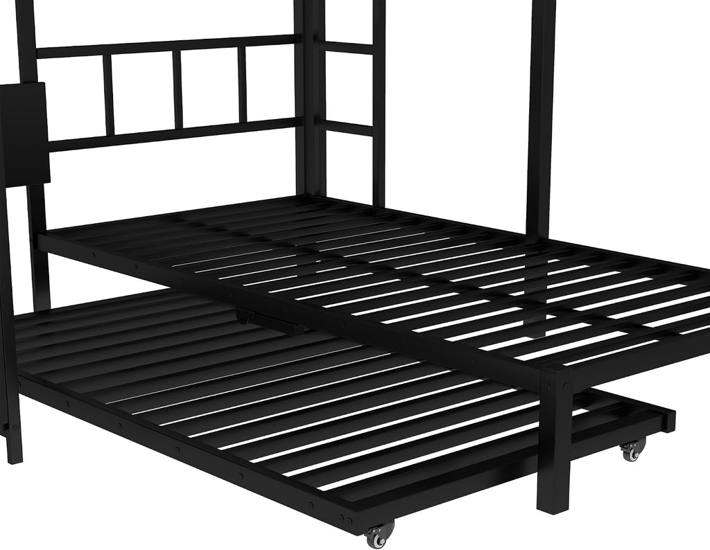 Bellemave Twin/Twin XL Over Twin XL bunk Bed with Foldable Desk and Wardrobe and Twin Trundle, loft Bed with Desk and Desk, Metal Bunk Beds with Storage, Black