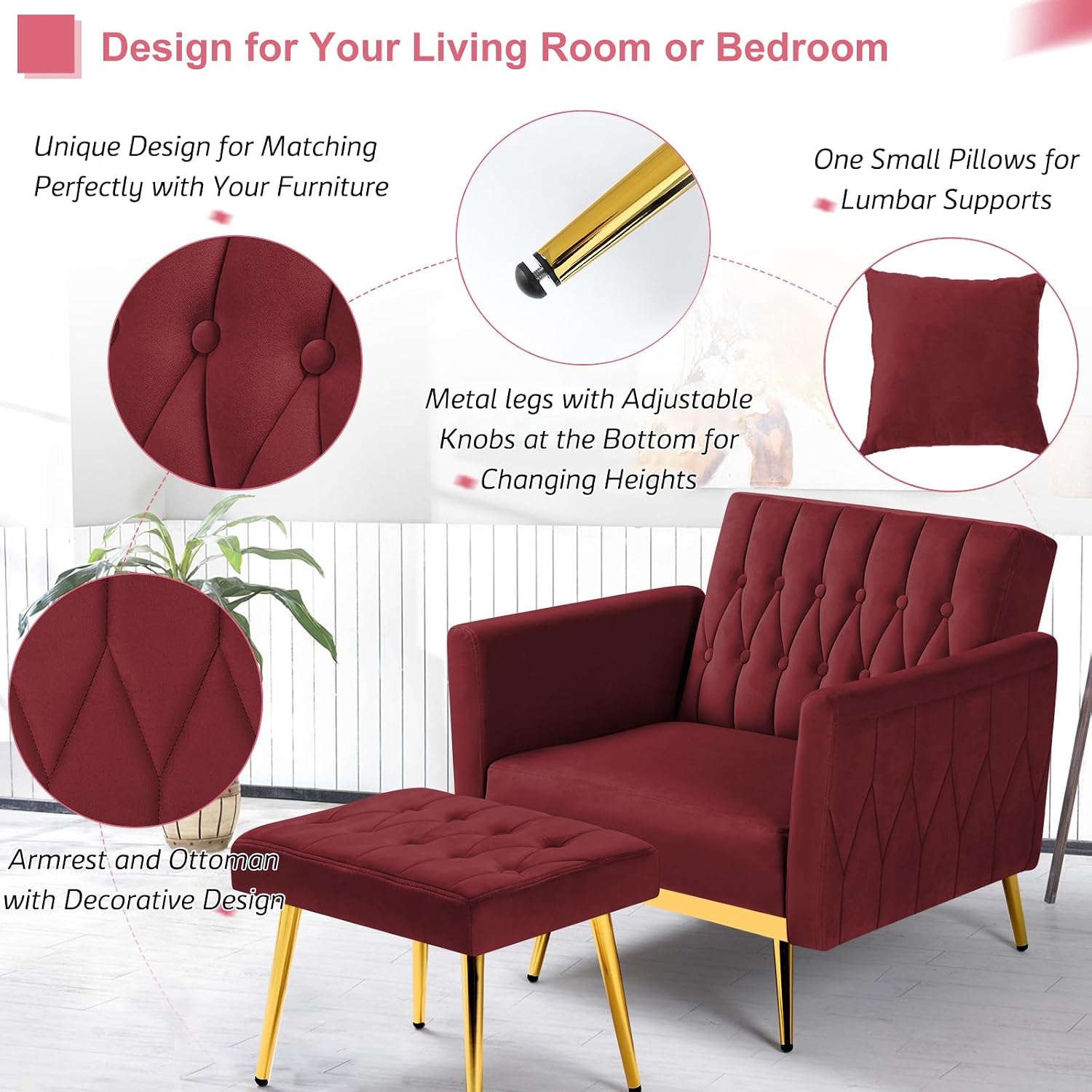 2 Pieces Velvet Sofa Set with Adjustable Armrest and Backrest, 70' Convertible Futon Sofa Bed & Mordern Accent Chair with Ottoman for Living Room, Bedroom, Red