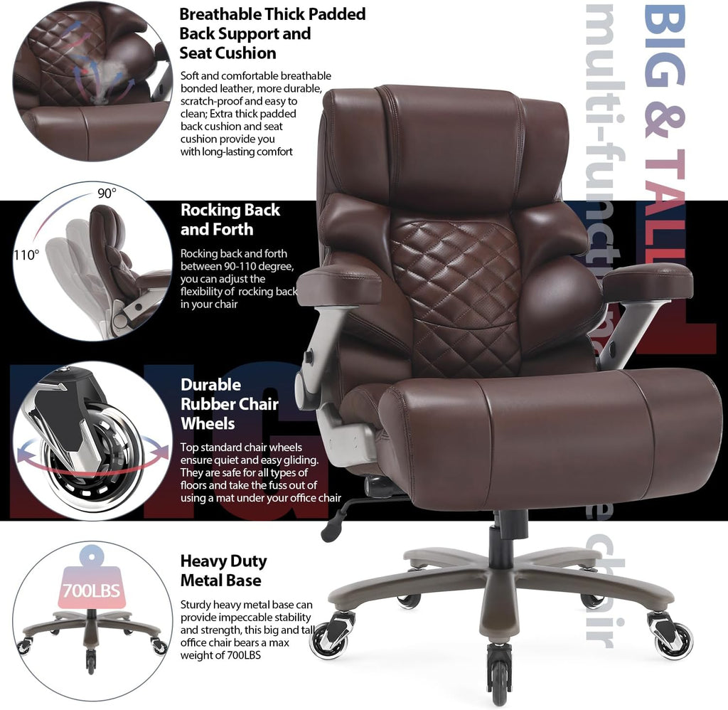 700lbs Big and Tall Office Chair - Adjustable Lumbar Support Heavy Duty Metal Base Quiet Rubber Wheels High Back Large Executive Computer Desk Swivel Chair, Ergonomic Design for Back Pain