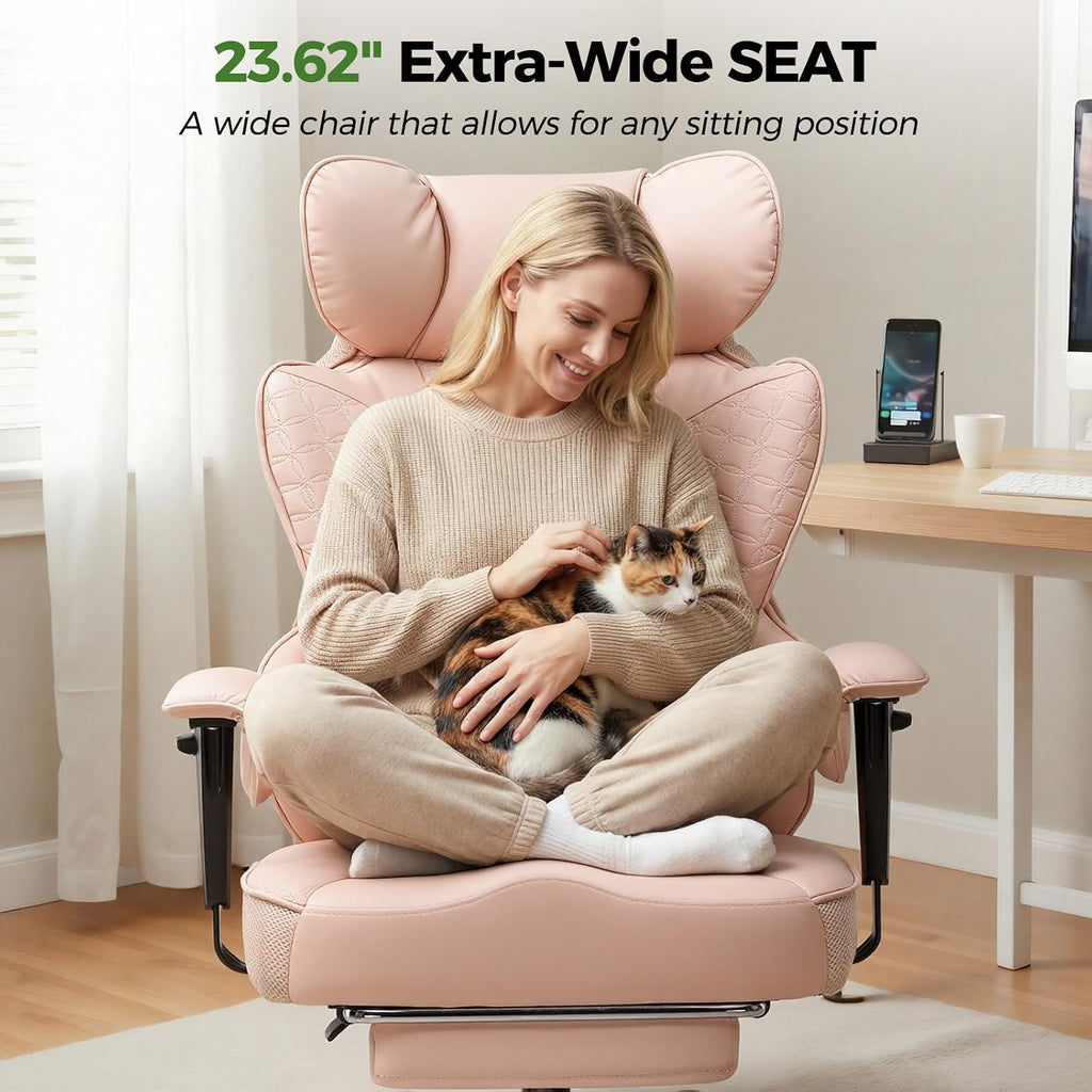 GTPOFFICE Big and Tall Office Chair 400LBS Wide Seat Computer Gaming Chair with Footrest & Comfy Lumbar Support, Leather High Back Executive Chair with Ergonomic Pressure Relief Seat Cushion, Pink